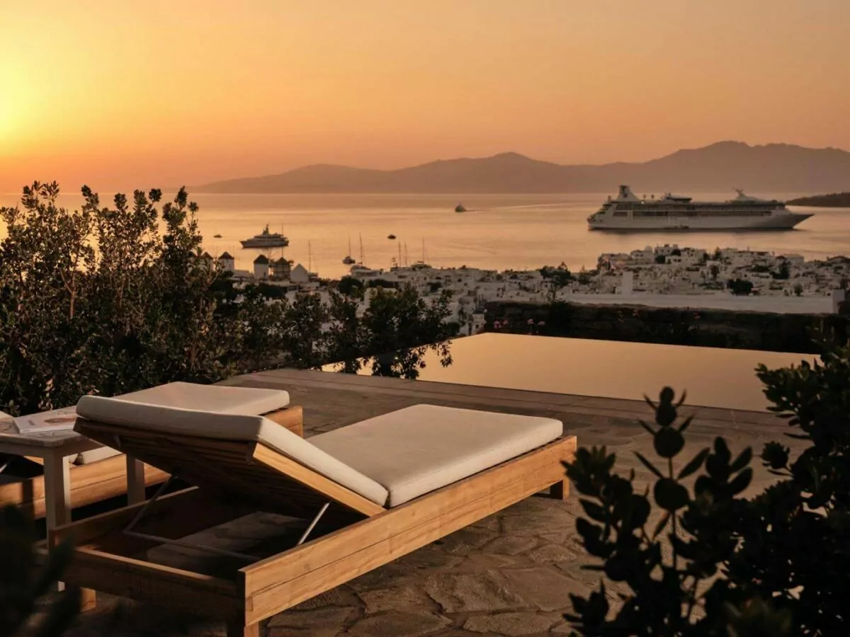 View of the iconic Belvedere Hotel Mykonos with stunning Aegean Sea backdrop